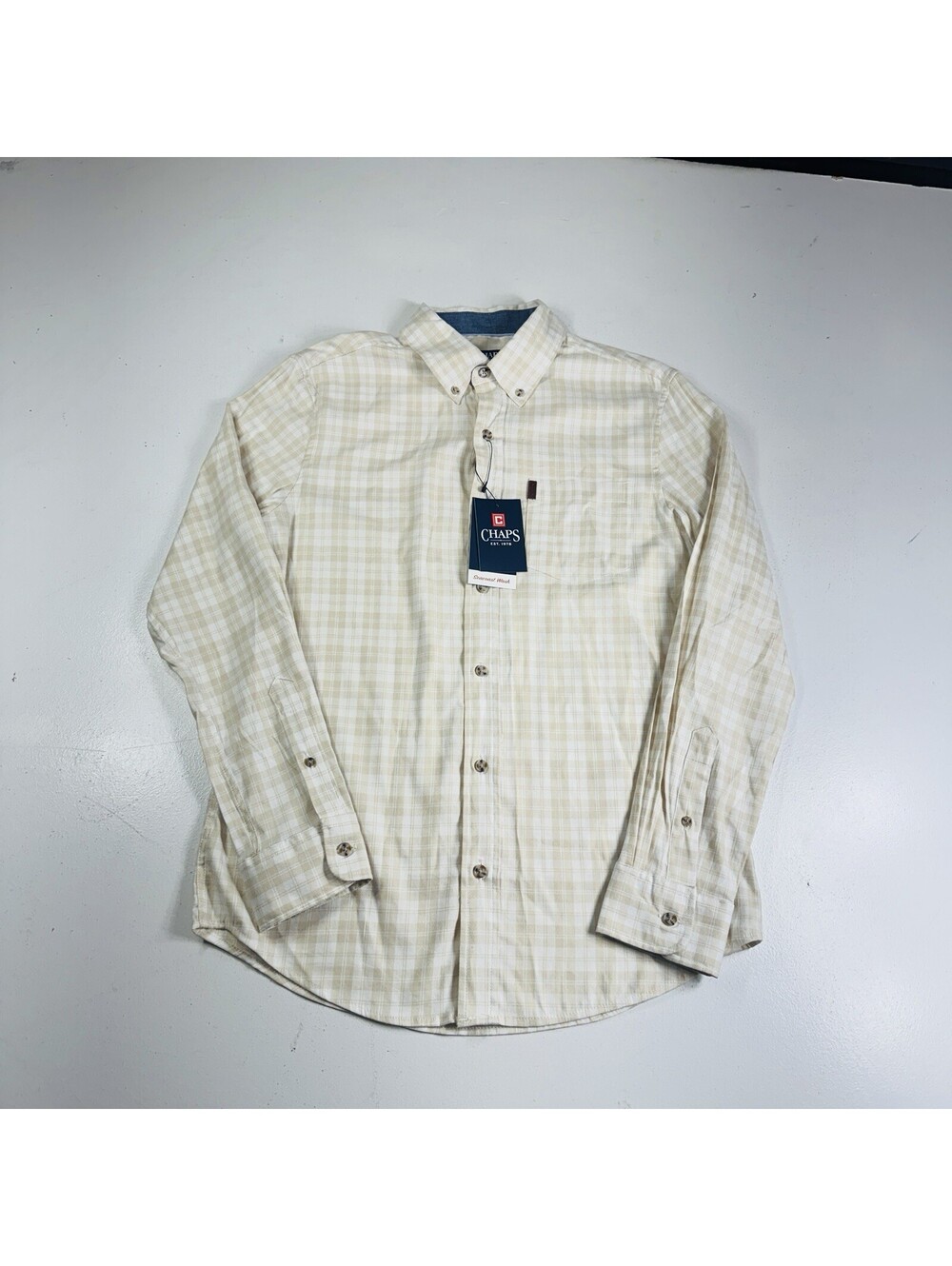 Chaps Button Down Shirt Long Sleeve Beige Plaid Stretch Men’s Size Small New